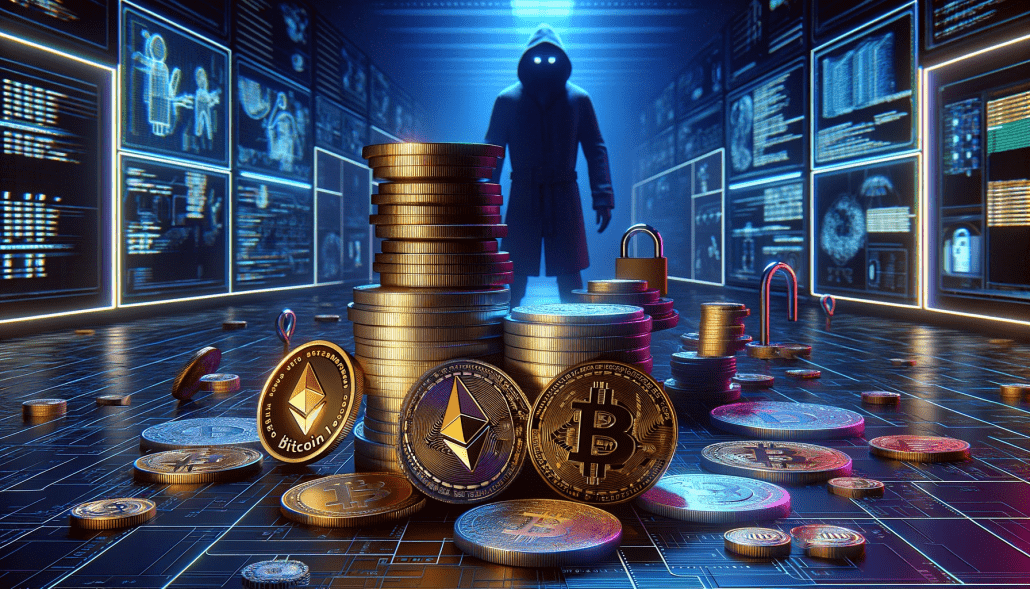 DALL·E 2024 01 15 20.06.46 A 3D rendered image depicting the theme The Rise of Cryptocurrency and Privacy Concerns. The foreground shows a towering stack of various cryptocurr